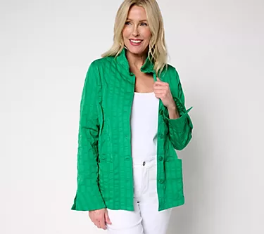 Joan Rivers Stretch Woven Textured Stripe Button Front Topper
