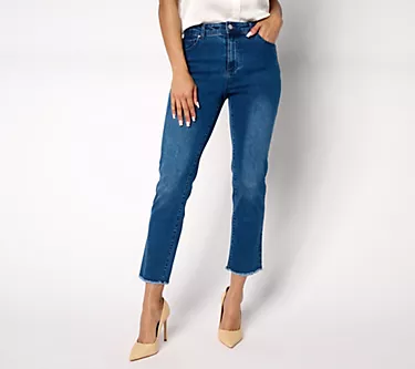 Dennis Basso Petite Riveria Stretch Straight Jean with Fray Hem