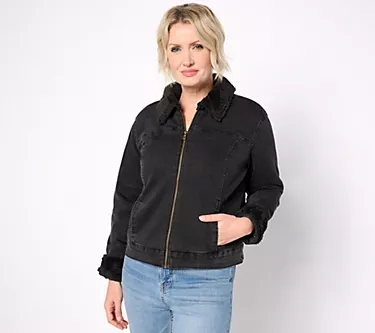 Isaac Mizrahi Live! Black Denim Jacket w/ Faux Shearling Lining