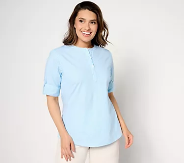 Denim & Co. Stretch Poplin Pullover Top with Roll-Tab Sleeve