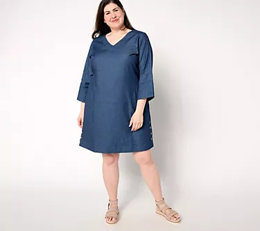 Belle by Kim Gravel Stretch Denim V Neck Dress with Horn Buttons