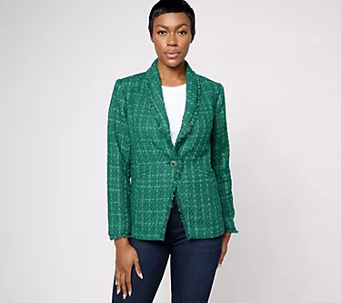 GRAVER Susan Graver Regular Tweed Blazer w/Fray Detail