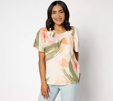 Denim & Co. Naturals Linen Blend Flutter Sleeve Smocked Blouse
