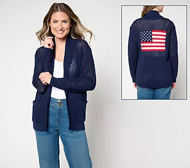 Joan Rivers 100% Cotton Open Knit Crochet Flag Cardigan