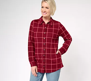 Denim & Co. Heavenly Jersey Regular Plaid Button Front Tunic w/ Pocket