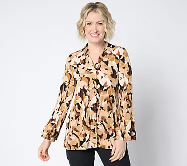 Susan Graver Petite Printed Liquid Knit Button-Front Bell-Slv Tunic 1 148546-susan-graver-petite-printed-liquid-knit-button-front-bell-slv-tunic-1.webp