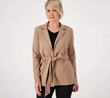 Attitudes by Renee Techno Crepe Blazer w/ Faux Leather Belt