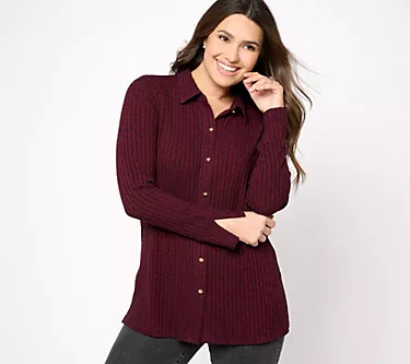 Susan Graver Regular Ribbed Sweater Knit Button-Front Tunic Shacket