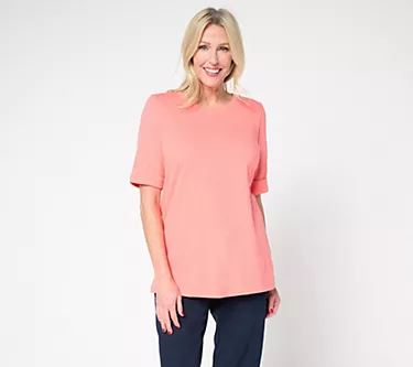Denim & Co. Essentials Petite True Cotton Roll Cuff Tunic