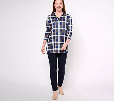 Women with Control Petite Plaid Tunic with Cotton Jersey Pant Set