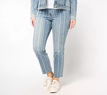 LOGO by Lori Goldstein Petite Straight Leg Stripe Jeans