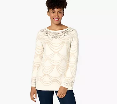 Isaac Mizrahi Live! Petite Jacquard Sweater w/ Metallic Detail