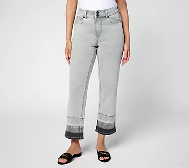 Susan Graver Petite Stretch Denim Full Leg Dip Dye Ankle Jean - Grey