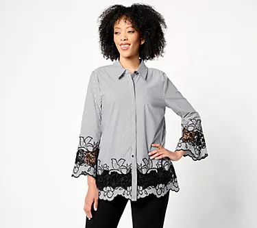 Dennis Basso Petite Cotton Stretch Yarn Dye Stripe Top w/Lace Trim