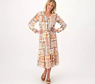Denim & Co. Canyon Retreat Petite Printed Tiered Midi Dress