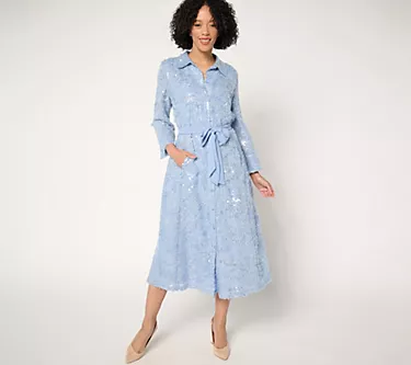 Dennis Basso Petite Sequin Shirt Dress with Belt