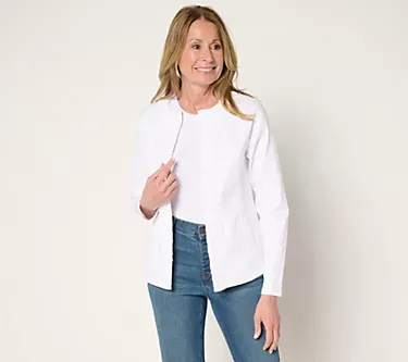 Susan Graver Ruched Front Stretch White Denim Jacket