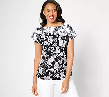Isaac Mizrahi Live! Duo Printed Pebble Knit Cap Sleeve Top