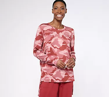 AnyBody Lounge Printed Brushed French Terry Ruched Crew Neck Top