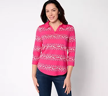 Isaac Mizrahi Live! Printed Floral Stripe 3/4 Sleeve Top w/ Poplin Trim