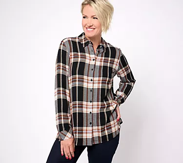 Denim & Co. Waffle Weave Regular Button Front Plaid Shirt