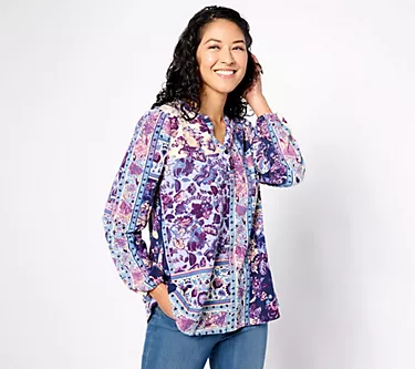 Denim & Co. Patchwork Print Heavenly Jersey Henley Knit Top