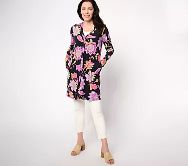 Susan Graver Petite Printed Liquid Knit Button Front Duster