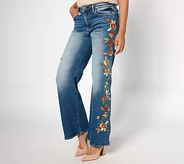 Driftwood Charlee Wide Leg Embroidered Jean - Feathery Leaf