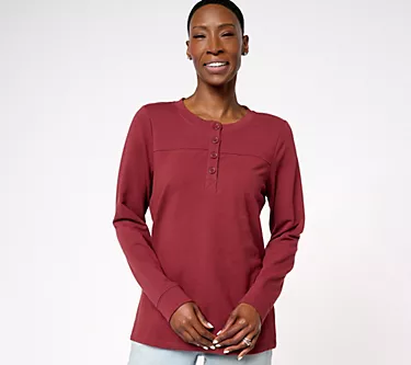 Denim & Co. Active French Terry Round Neck Henley Pullover