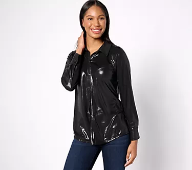 Susan Graver Occasions Liquid Shimmer Knit Button Front Shirt