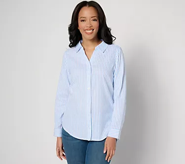 Denim & Co. Striped Cotton Jacquard Long-Sleeve Yarn-Dye Shirt