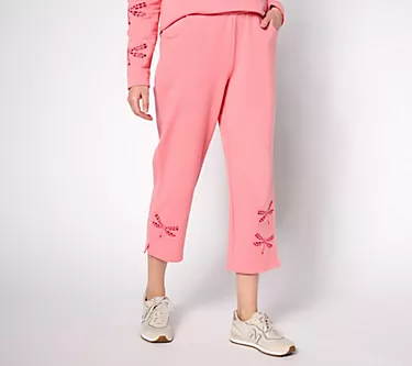 Quacker Factory Short Eyelet Elegance French Terry Crop Pant