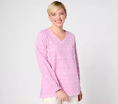 Denim & Co. Novelty Eyelet Top With Smocked Cuff