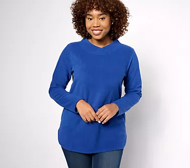 Denim & Co. Regular Fleece Crossover Neck Long Slv Tunic w/ Dolphin Hem