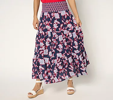 Susan Graver PURE Petite Printed Cotton Smocked Waist Maxi Skirt