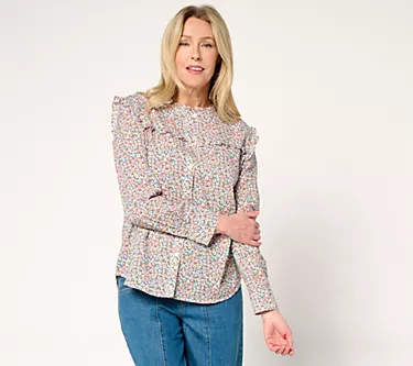 by Stacy London Printed Voile Shirt with Ruffle Detail