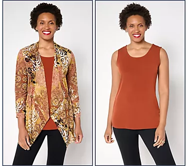 Susan Graver Petite Printed Mesh Cardigan & Liquid Knit Tank Set