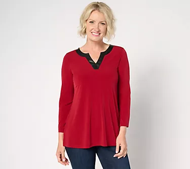 Susan Graver Regular Liquid Knit A-Line Tunic w/ Faux Leather Trim