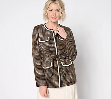 Isaac Mizrahi Live! Petite Woven Tweed Jacket with Self Tie Belt