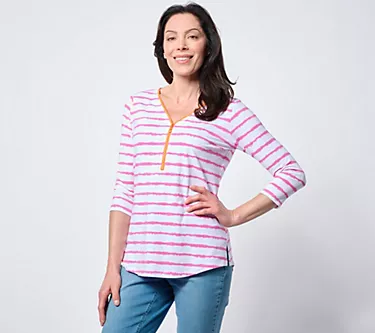 Belle by Kim Gravel Signature Zip Pop of Neon Striped Top
