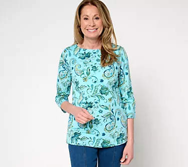 Denim & Co. Printed Favorite Jersey Boat Neck 3/4 Sleeve Top