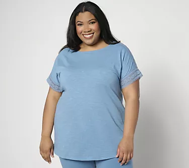 Denim & Co. Petite Texture Knit Lace Trim Tunic