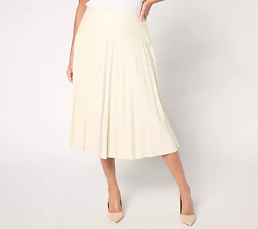 GRAVER Susan Graver Petite Pleated Faux Leather Midi Skirt