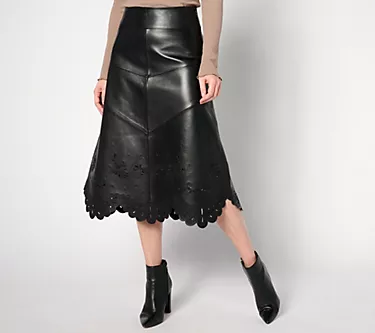 American Leather Co. Regular Leather Midi Skirt with Scalloped Hem