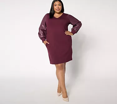 Belle by Kim Gravel Ponte Dress with Faux Leather Blouson Sleeves