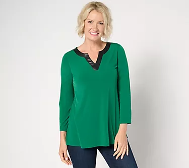 Susan Graver Petite Liquid Knit A-Line Tunic w/ Faux Leather Trim