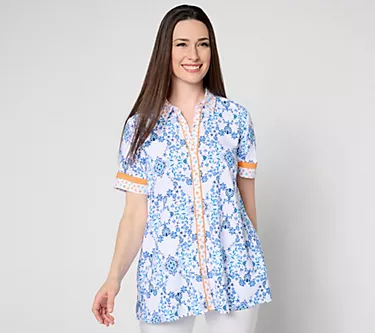 Susan Graver PASSPORT Petite Rayon Woven Button Front Tunic
