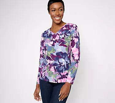 Denim & Co. Printed Favorite Jersey V-Neck Long-Sleeve Top