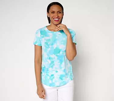 Susan Graver Printed Liquid Knit Cap Sleeve Crew-Neck Top