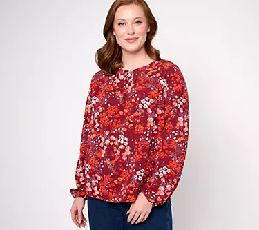 Denim & Co. Long Sleeve Printed Blouse with Pleat Detail
